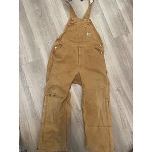 Carhartt R02 BRN Quilt Lined Duck Bib Overalls Mens 38x30 Brown Double Knee Work